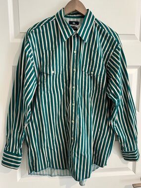 Vintage Wrangler Men’s Brushpopper Western Shirt Green Tan Striped Size XL